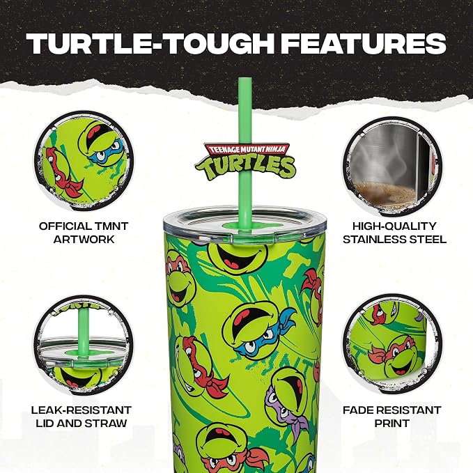 Dragon Glassware x Teenage Mutant Ninja Turtles Insulated Tumbler, 24 oz | Vacuum Insulated Stainless Steel Tumbler with Straw & Lid; Double Walled TMNT Tumbler with Straw Topper; Ninja Turtle Cup