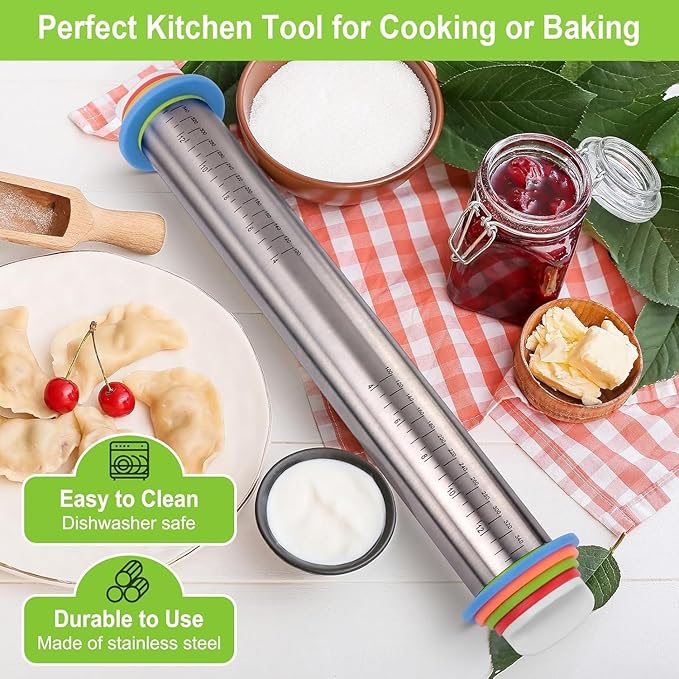 Rolling Pin and Pastry Baking Mat Set, 17-inch Rolling Pins with Adjustable Thickness Rings, Stainless Steel Dough Roller for Baking Fondant, Pizza, Pie, Pastry, Pasta, Cookies (Red)
