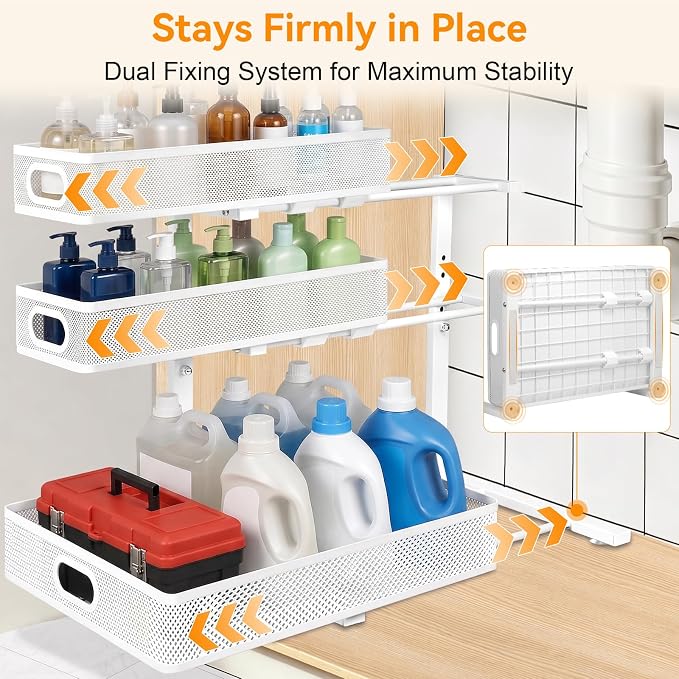 Under Sink Organizer for Bathroom, 3 Tier Adjustable Height Under Sink Storage, Sliding Pull Out Cabinet Organizer Shelf, Metal Multi-Purpose Cabinet Organizer for Kitchen (2 Pack, White)