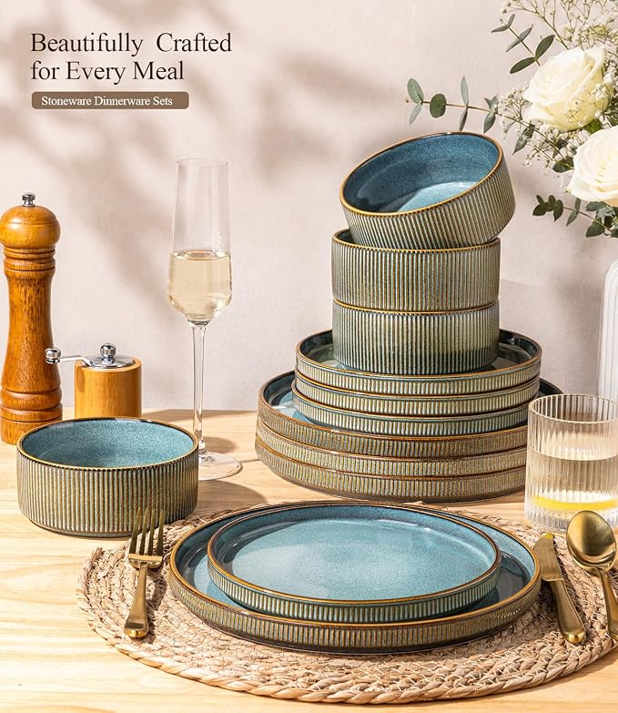 GBHOME 24-Piece Stoneware Dinnerware Set for 8 – Ribbed Ceramic Plates and Bowls, Scratch-Resistant, Microwave & Dishwasher Safe, Reactive Glaze-Space Blue