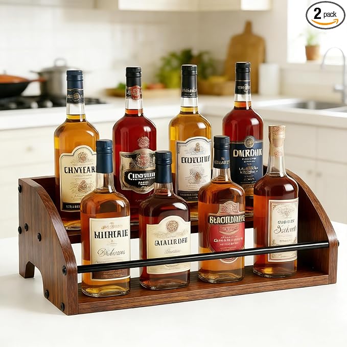 Rustic Wooden Countertop Organizer | Liquor Cabinet, Coffee Syrup Rack, Mini Bar, Home Retro Bar Shelf Stand, 2-Tier