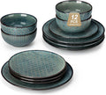 MALACASA 12 Pieces Dinnerware Sets, Farmhouse Plates and Bowls Sets, Embossed Green Dish Set for 4, Vintage Relief Ceramic Dish Set, Chip-Resistant, Microwave and Dishwasher Safe, Series LYDIA