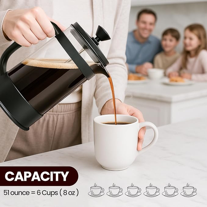 Utopia Kitchen Borosilicate Glass French Press Coffee Maker 34 Oz, Heat-Resistant Cafetiere & Tea Maker, Thickened Glass Coffee Press for Travel and Camping, Black