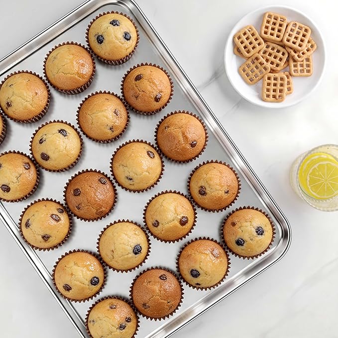 LIANYU 2 Pack Cookie Sheets for Baking, Stainless Steel Baking Tray Pan, 16x12 Inch Jelly Roll Pan for Oven, Healthy Metal Tray for Home Bakery Hotel Restaurant, Heavy Duty & Dishwasher Safe