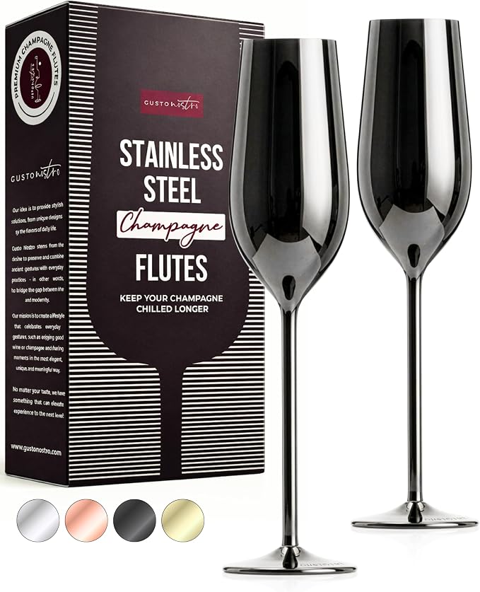 Gusto Nostro Stainless Steel Black Champagne Flutes Set of 2 - Unique, Unbreakable, Colorful Metal Champagne Glasses - Modern Toasting Flutes - Luxury Wedding Gifts for Couple - Wedding Registry Idea