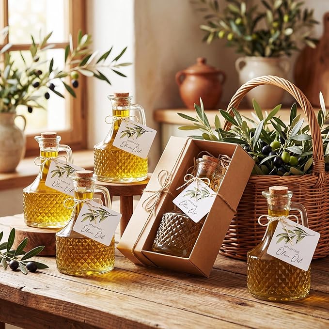 Vesici 20 Set 14 oz Olive Oil Bottle with Stopper Mini Glass Oil Cruet Dispenser with Label Vinegar Bottle with Spout for Kitchen Salad Dressing Syrup Container for Wedding Baby Shower Favors
