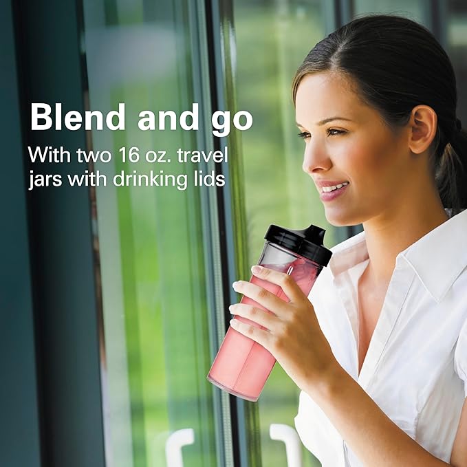Hamilton Beach MultiBlend Blender for Smoothies with BPA Free 32 oz. Jar | 8oz Grinder for Nuts & Spices | 2 Portable Personal Blender Travel Cups | 650 Watts | Black and Stainless | 52400