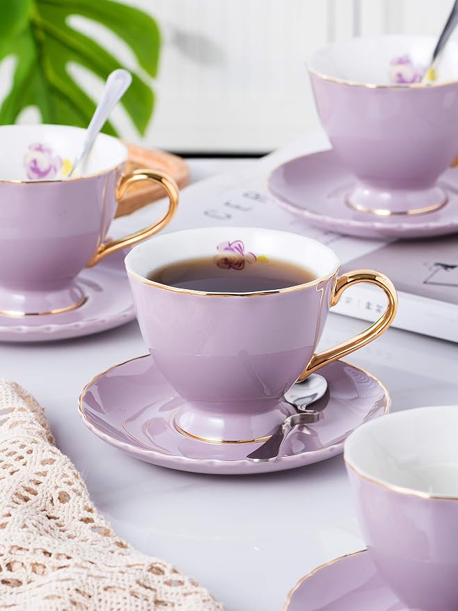Jusalpha® Porcelain Tea Cup and Saucer Coffee Cup Set with Saucer and Spoon Set of 6 (FD-TCS02 purple (6), 7oz)