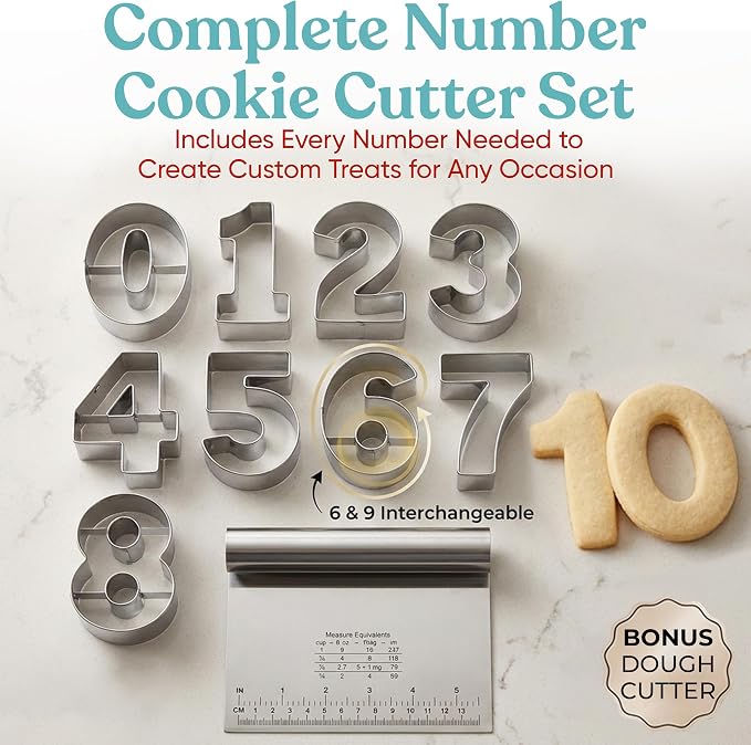 Bakerpan Stainless Steel Big Number Cookie Cutter Set - 9 Large 3.5 Inch Number Cookie Cutters 0-9 (Reversible 6/9) for Cookies, Biscuits, Fondant, Birthdays & Cake Decorating + Bonus Dough Cutter