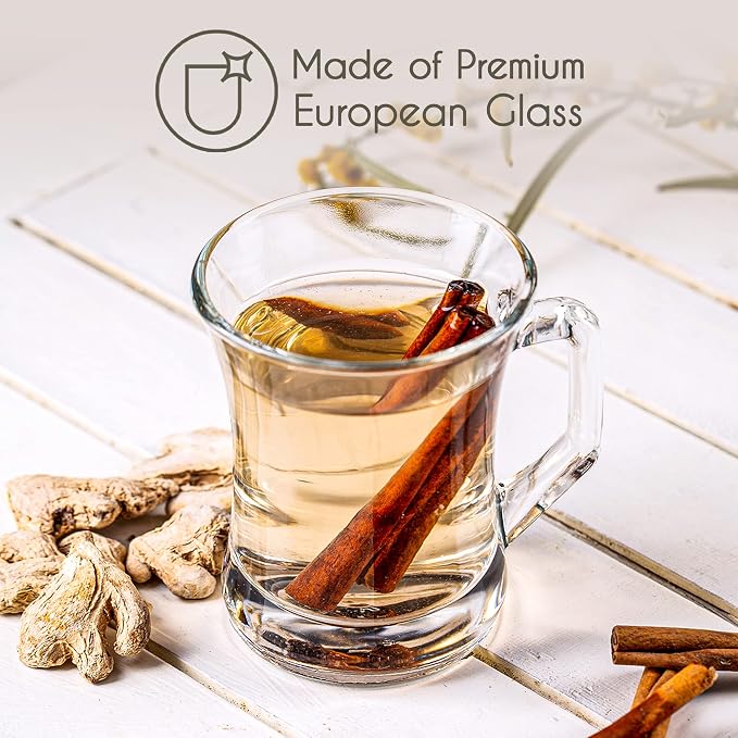Volarium Glass Coffee Mugs with Handle, 7.5 oz Clear Glass Tea Cups for Hot or Cold Drinks, Set of 6