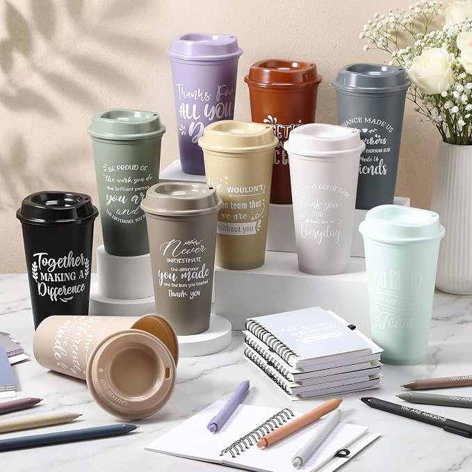 Teenyyou 135 Pcs Employee Appreciation Gift Set, 16oz Tumbler with Lid Notebook Pen Bulk Thank You Gift Holiday Party Favor for Teachers Office Coworker Teacher Staff Team (Dark Color,Classic Style)