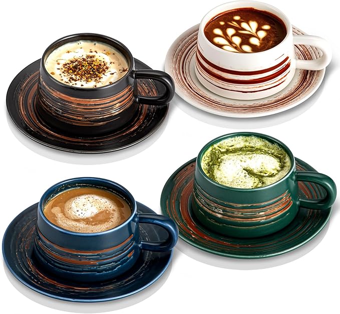 YUN TAO 8 oz Ceramic Cappuccino Cups and Saucers Set of 4, Latte & Cappuccino Mugs Coffee Set for Latte Art, Home Kitchen & Daily Use