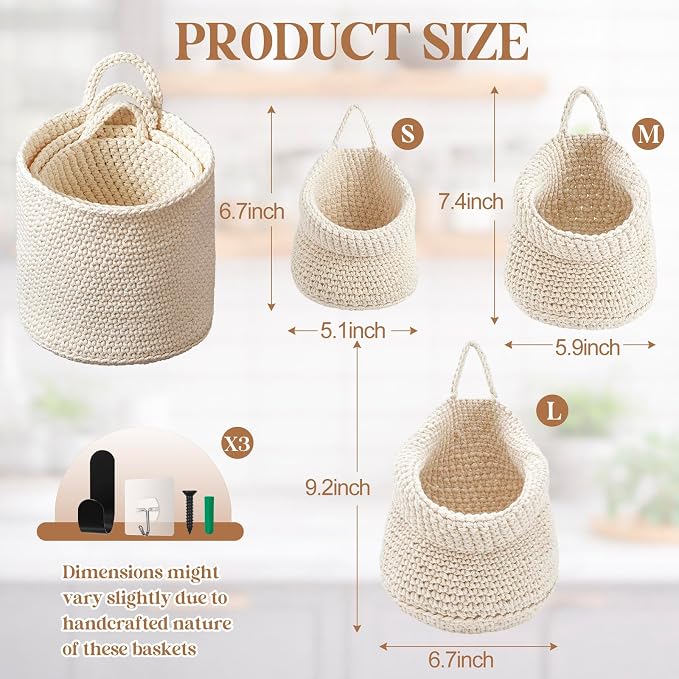 Honeydak Boho Decor Hanging Wall Baskets for Kitchen 3 Pack Teardrop Baskets with Hooks Storage Fruit Onion Vegetable Potato for Home 3 Sizes(White,Barrel,Cotton Rope)
