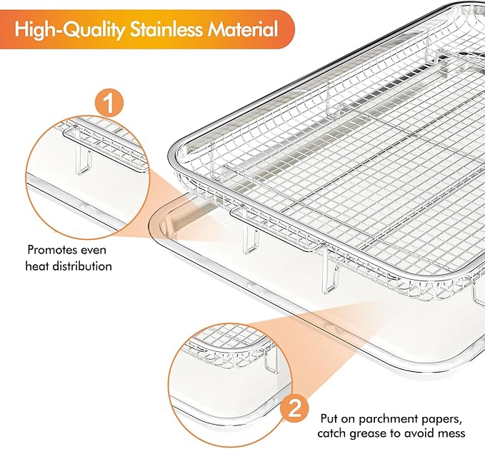 Air Fryer Basket for Oven, 3 Set Oven Air Fryer Basket and Tray Set with 90 PCS Parchment Papers, THORSES Thickened NonStick Stainless Steel Air Fryer Pan and Crisper Tray-Extra Large & Large & Medium