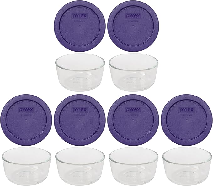 Pyrex 7202 1 Cup Glass Bowls & 7202-PC Plum Purple Lids (6-Pack) - Made in USA