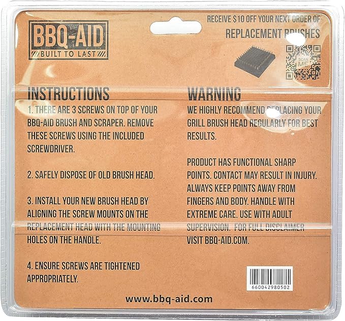 BBQ-AID Grill Brush and Scraper with 2 Replacement Heads - Extended, Large Wooden Handle and Stainless Steel Bristles – Safe, No Scratch Cleaning - Best for Any Grill: Char Broil & Ceramic