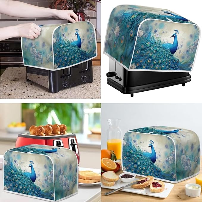 Blue Peacock Print Appliance Covers Set Washable Kitchen Blender Dust Cover Bread Maker Toaster Cover 4 Slice Kitchen Accessories