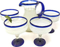 Dos Sueños Mexican Hand Blown Glass Drinkware Set - 4 Margarita Glasses (16oz) and Pitcher (84oz) – Cobalt Blue Rim