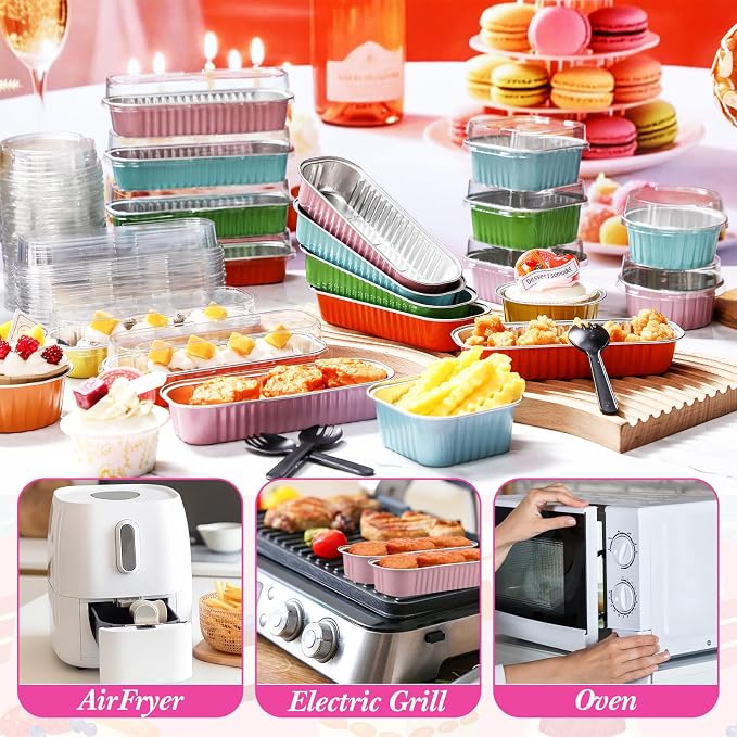 Blushtier 120 Set/240 Pcs Mini Loaf Pans with Lids and Spoons Disposable Mini Cake Pans, 6.8, 5, 4.2 oz Square Rectangle Round Aluminum Foil Cupcake Baking Cups Dessert Liners Tins for Desserts