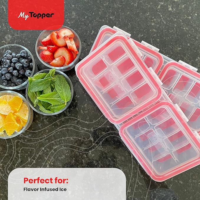 IceTopper Plus Ice Cube Tray with 2 Attached Lids - Easy Release Ice Cube Molds, 16 Cubes per Tray, Stackable & Dishwasher Safe, 100% Food Grade Silicone, BPA Free & Recyclable (2 Pack)