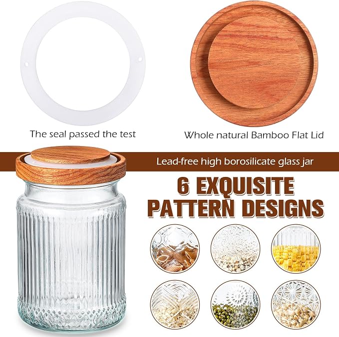 Sumind 6 Pcs Vintage Glass Jars with Wooden Lids 24 oz Airtight Glass Food Storage Containers Sets Clear Rustic Canisters Decorative Storage Jars for Spice Coffee Tea Candy Cereal Flour(Retro)
