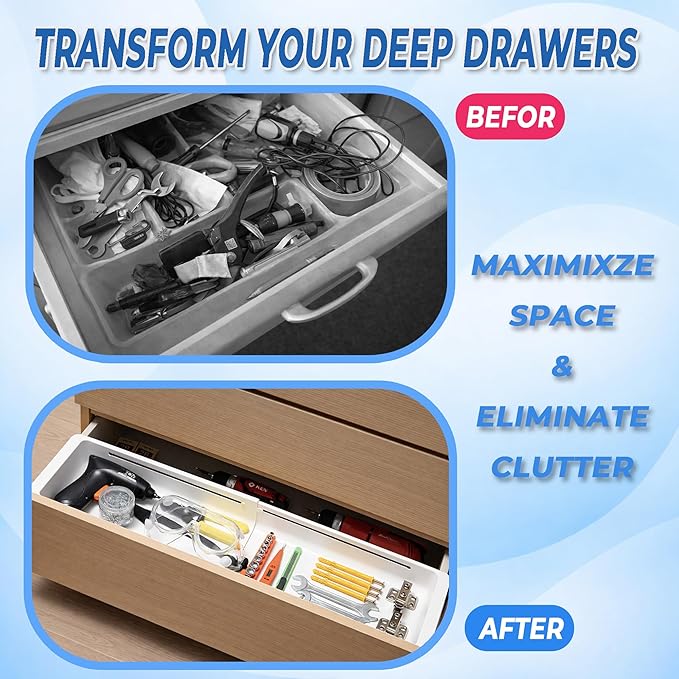 2-Pack Expandable Drawer Organizer for Deep Drawers, Adjustable Storage Tray (17–27 in), Durable PP Smooth Glide Divider for Kitchen, Vanity & Office, Space-Saving Design