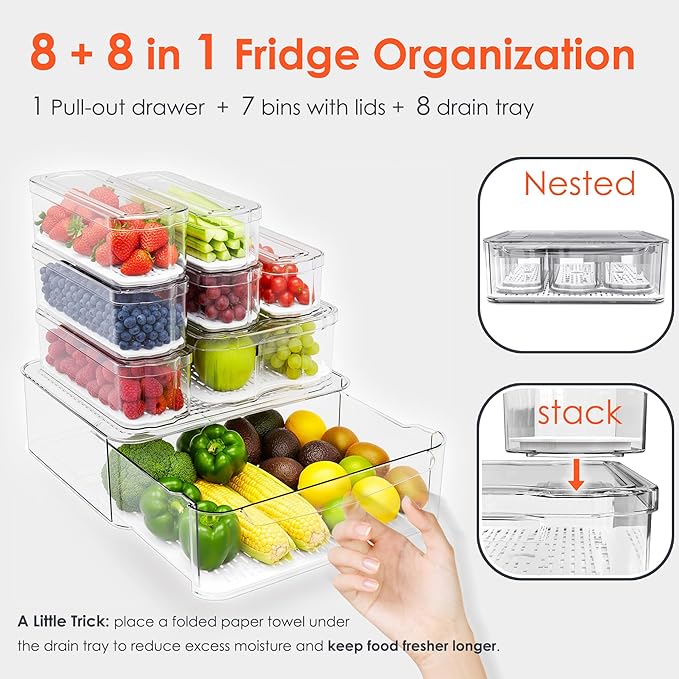 SMRCAD Fridge Organizers and Storage, 8 Pack Clear Freezer Organizer Bins with Lids for Kitchen, Pantry, Refrigerator, Food, Fruit, Vegetable Storage (8 Bins (Include Pull Out Drawer))