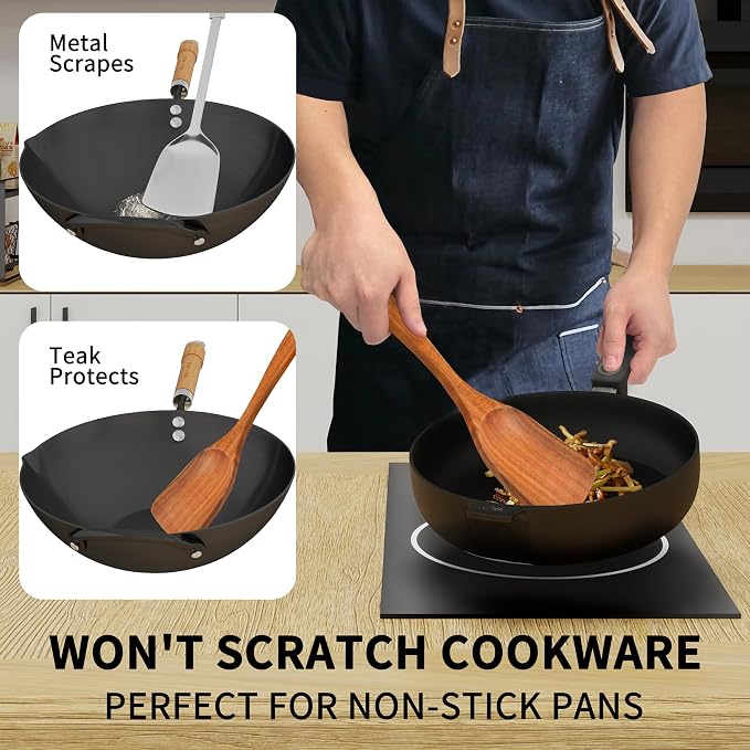 Brosisincorp Natural Teak Wood Spoons for Cooking with Holder 10 Pcs, Comfortable Grip Wooden Kitchen Utensils Set Scratch-Free Smooth Finish for Non-Stick Cookware