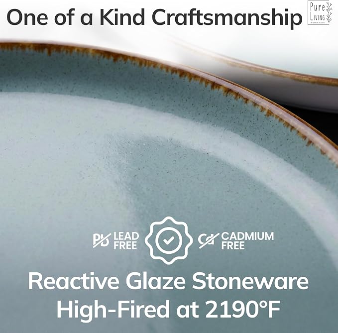 16 Piece Stoneware Dinnerware Set for 4 - Handmade Reactive Glaze Plates and Bowls Set - Chip & Scratch Resistant Dish Set - Dishwasher Microwave Safe - Rustic Smoke Blue