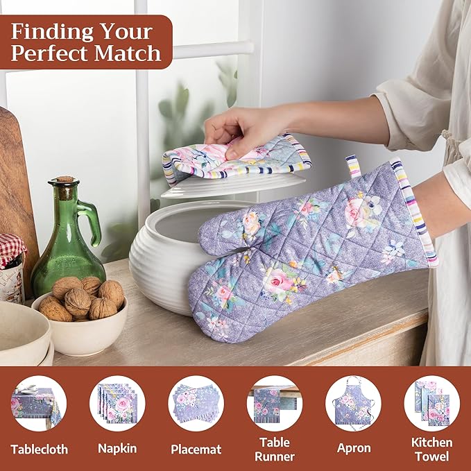 Maison d' Hermine Pot Holders 100% Cotton Heat Resistant Potholders 8" x 8" Hot Pads with Loop Baking Gifts for Mothers Day Handling Hot Pans Spring/Summer (Pack of 2, Sweet Rose Lavender - Lush)