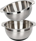 304 Stainless Steel Colander, 5 QT Large Capacity and 5QT Mixing Bowl, 2mm Micropore Strainer for Washing Rice, Fruit, and Veggies, Perfect Draining for Cooked Pasta