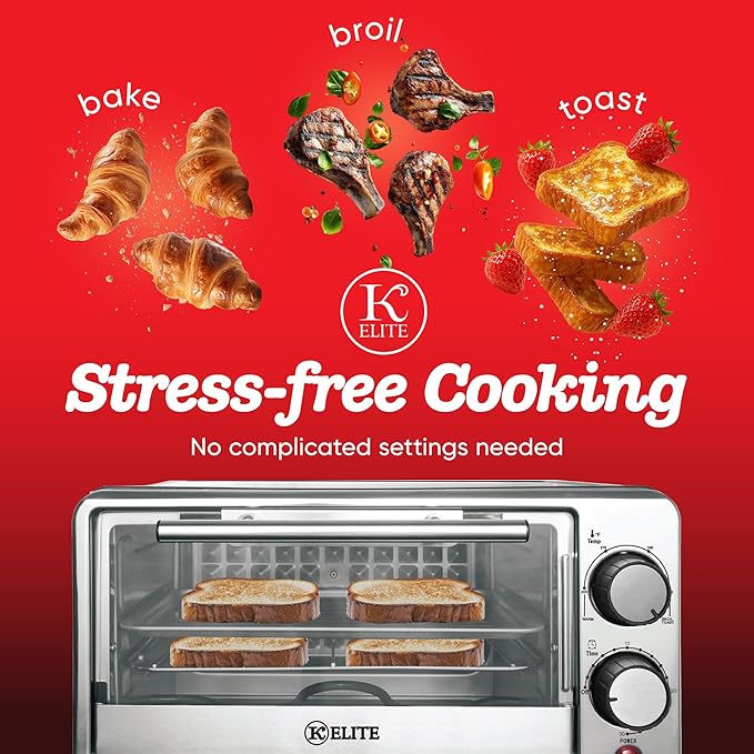 Kitchen Elite Toaster Oven, Compact Countertop Appliance with Bake Tray, Wire Rack, Adjustable Timer, and Temperature Control, Black