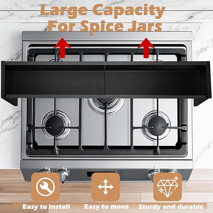 Over The Stove Shelf, Wood Stove Top Shelf,31.5" Stove Top Organizer Shelves with 6 Hooks,11.5" Height Over Stove Spice Rack for Kitchen, Black