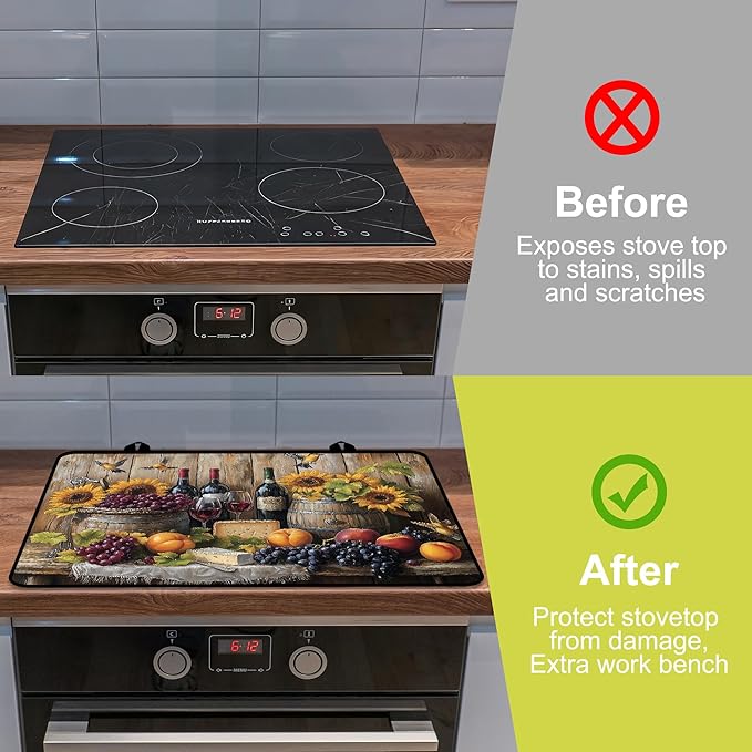 Glass Stove top Cover 28"x 20", Stove Top Covers for Electric Stove, Flat Range Mat for Glass Cooktop, Kitchen Heat-Resistant Protector Non-Slip Drying Mat (Fruits and Sunflower)