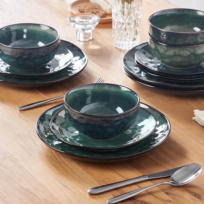 vancasso Starry Dinnerware Set for 4, Handmade Reactive Glaze Stoneware 12 Pieces Plates and Bowls Sets, Dishwasher and Microwave Safe Dish Set, Green