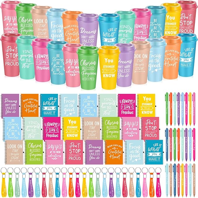 Skylety 24 Sets/96 Pcs Employee Appreciation Gift Baskets Bulk 16oz Inspirational Coffee Cup with Spiral Notebook, Pen & Keychain, Thank You Gifts for Staff, Teacher,Coworker, Team (Pastel Color)