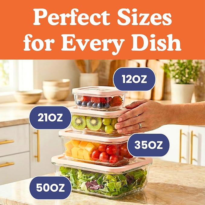 Ziruma Non-Toxic Glass Food Containers with Lids, 4-Pack, Multi-Size, Beige | Plastic & BPA free. Glass body, glass lid & platinum silicone seal. Airtight & leakproof. Freezer & microwave safe.