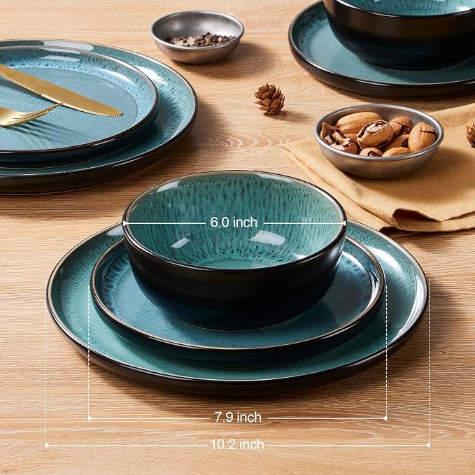 LIANYU 24 Piece Dinnerware Sets for 8, Modern Stoneware Plates and Bowls, Ceramic Round Dinner Dinning Ware Set, Dishwasher and Microwave Safe Dishes Set for Family Dinner, Pastel Turquoise