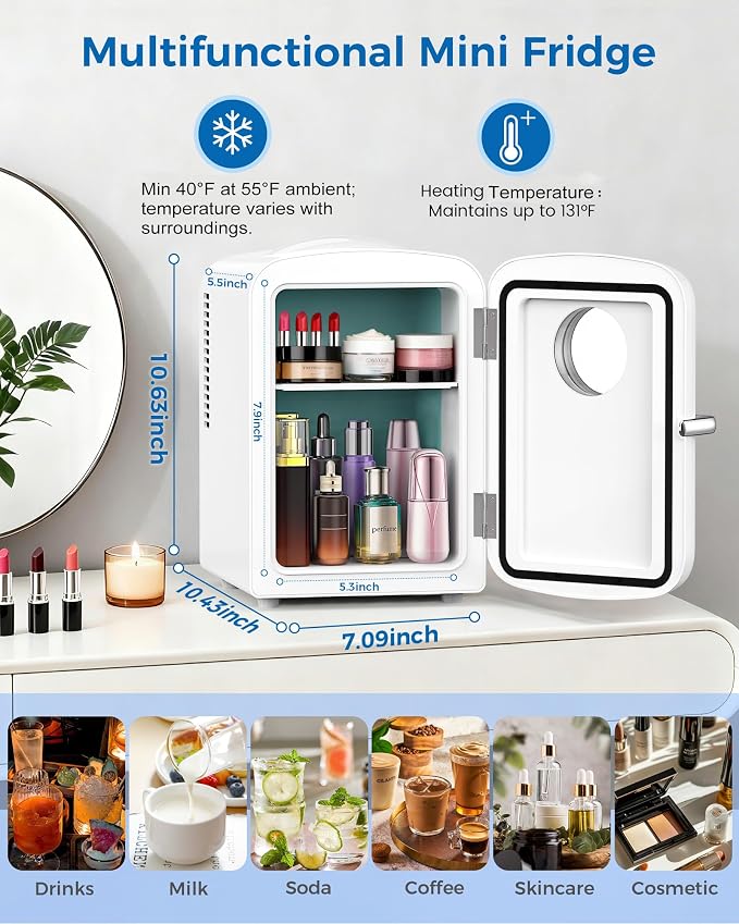 Electactic Mini Fridge for Skincare, 4L/6 Cans Portable Compact Cosmetic Fridge, Desktop Fridge with AC/DC Adapters, Observation Window, Small Cooler and Warmer for Beverage, Makeup, Bedroom, White