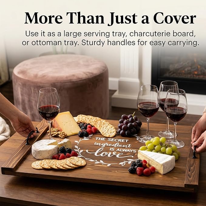 Noodle Board Stovetop Cover with Handles, Sink Wood Block Covers for Electric & Gas Stove, RV Stove Burner, Farmhouse Decorative Wooden Tray for Kitchen-The Secret Ingredient is Always Love