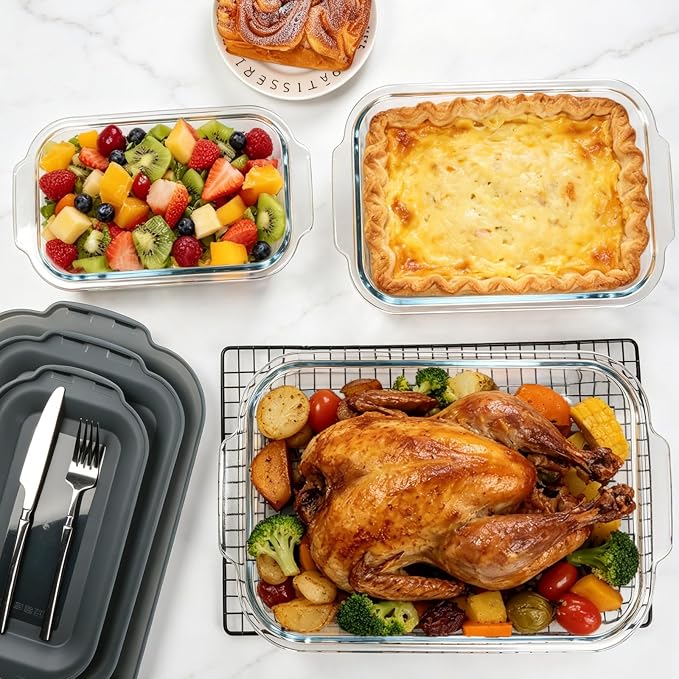 6-Piece Extra-Deep Glass Baking Dish Set with Lids, Rectangular Glass Bakeware Set, Baking Pans for Lasagna, Kitchen, Casserole Dishes for Oven, Freezer-to-Oven and Dishwasher