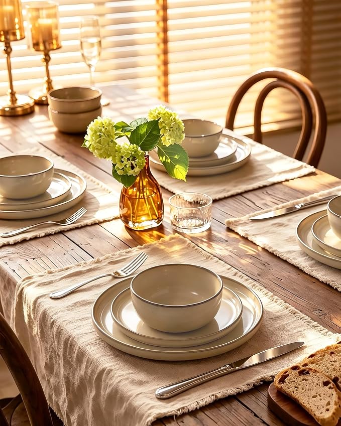 Famiware Milkyway Stoneware Dinnerware Set, 16-Piece, Including Pasta Bowl, Double Reactive Glaze, Plates and Bowls, Service for 4, Microwave and Dishwasher Safe, Scratch-Resistant, Milk Tea