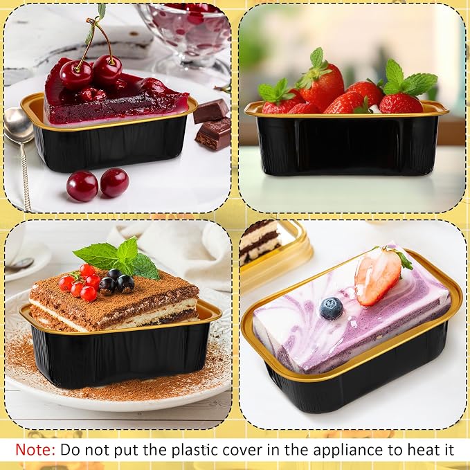 Vesici 100 Sets Mini Loaf Pans with Lids, 5.7 oz Disposable Aluminum Foil Baking Cups, Rectangle Cake Pans for Pudding Desserts Muffin Baking Storage Birthday Party(Black Gold)