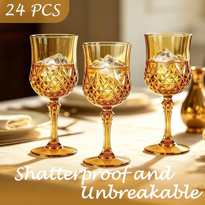 Plastic Wine Glasses, Plastic Goblets Vintage Style Cordial Unbreakable Drinking Glasses, Reusable Drinkware for Wedding Reception, Grand Event Party Supplies (24, Amber)