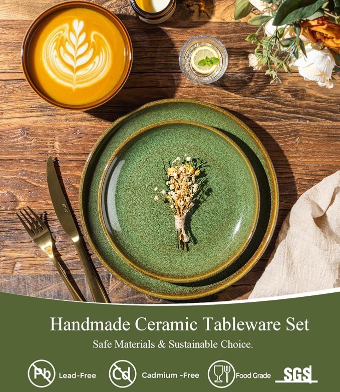 LERATIO Ceramic Dinnerware Sets for 4, 12 Pieces Ceramic Plates and Bowls Sets, Scratch Resistant Dish Set, Oven, Microwave & Dishwasher Safe-Sage Meadow Green