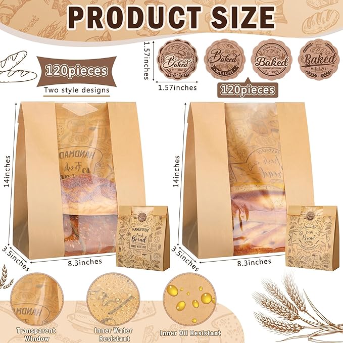 Spakon 120 Pack Large Kraft Paper Bread Bags for Homemade Bread 14 x 8.3 x 3.5 Sourdough Bakery Bags with Window with 120 Pcs Baked with Love Stickers for Baked Food Packaging Storage
