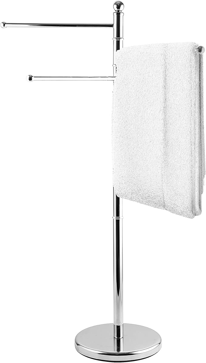 MyGift 40-Inch Silver Metal Freestanding Towel Rack for Bathroom with 3 Swivel Arms
