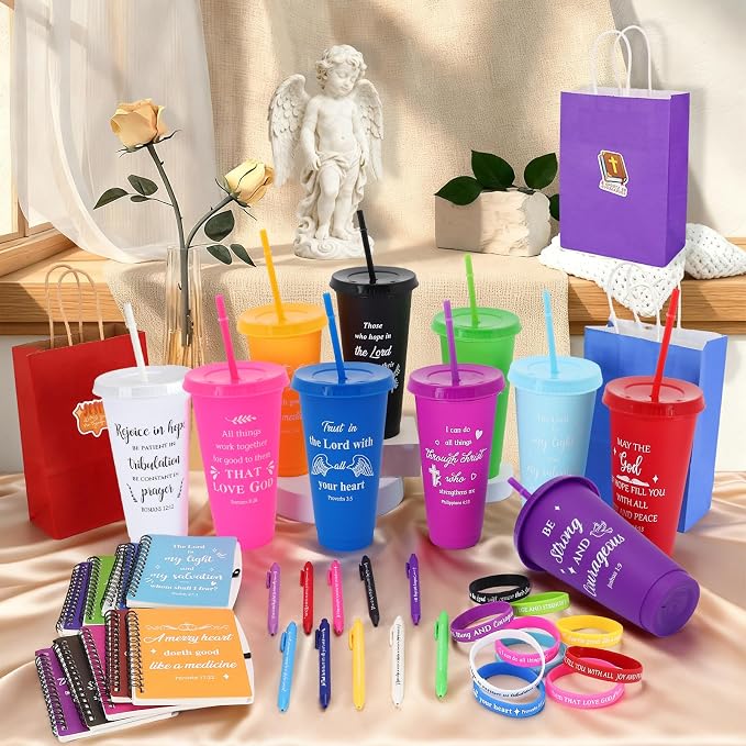 150Pcs/20 Set Christian Church Gifts Bulk for Women Men Include 24OZ Plastic Bible Verse Cups with Religious Notebooks Pens Bracelets, Voluteers Christian Religious Gifts for Mother Father's Day