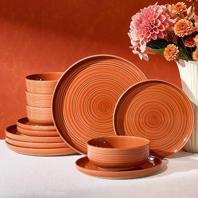 12-Piece Stoneware Dinnerware Sets for 4 - Coupe Plates and Bowls with Speckles & Spirals - Chip & Scratch Resistant, Microwave & Dishwasher Safe - Farmhouse Dishes, Terracotta