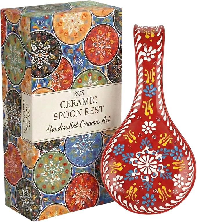 BCS Ceramic Spoon Rest, Large 9” Hand Painted Spoon Holder for Stove Top & Kitchen Counter, Dishwasher Safe & Heat Resistant Utensil Holder, Floral Kitchen Decor, Handmade Pottery